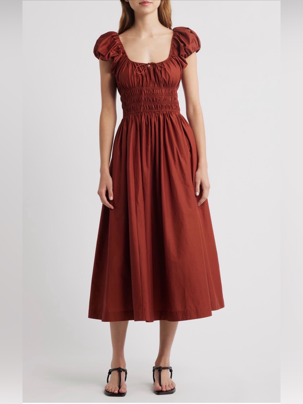 Women’s Doen Rust Brown Puff-Sleeve Midi Dress - Xl